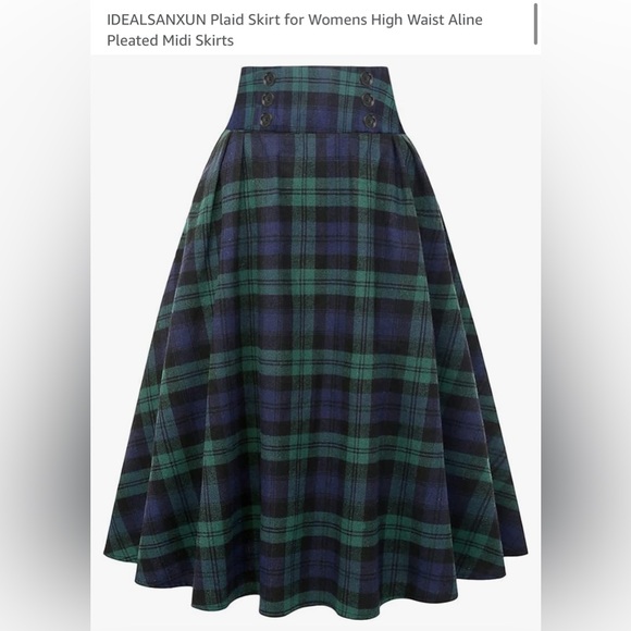 Amazon Green Plaid Skirt for Womens High Waist Aline Pleated Midi Skirt- L - Picture 8 of 9